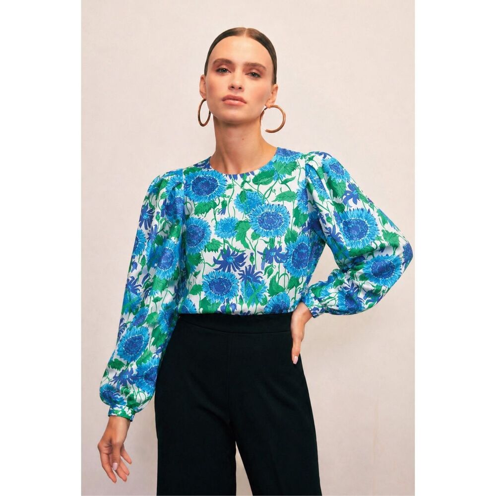NWOT Mille Lila Top in a blue and green cornflower floral print, XXS $198 F39